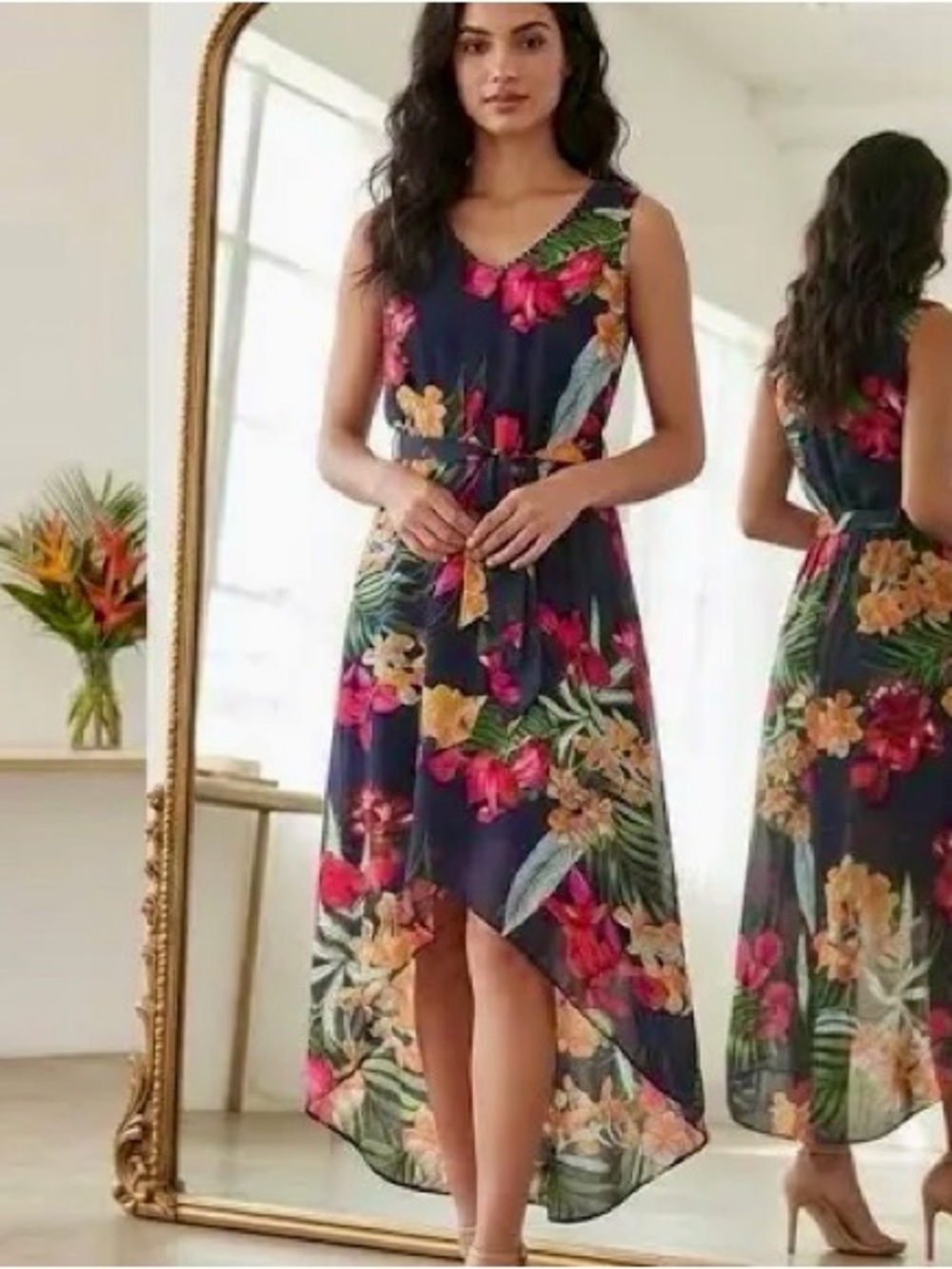 NEW Apt. 9 navy blue red floral print L high low midi sleeveless dress NWT